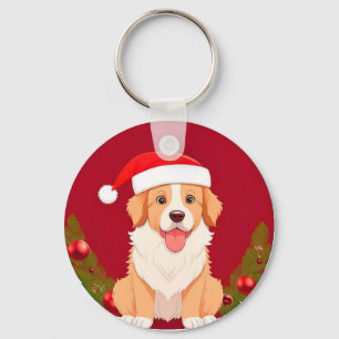 🐶 Festive Cartoon Dog With Santa Hat For Holiday  Key Ring