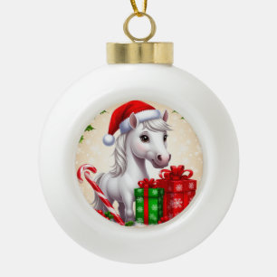 Festive Cartoon Horse in Santa Hat With Gifts Ceramic Ball Christmas Ornament