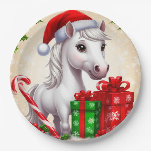 Festive Cartoon Horse in Santa Hat With Gifts Paper Plate