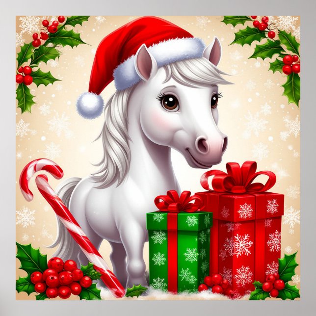 Festive Cartoon Horse in Santa Hat With Gifts Poster (Front)