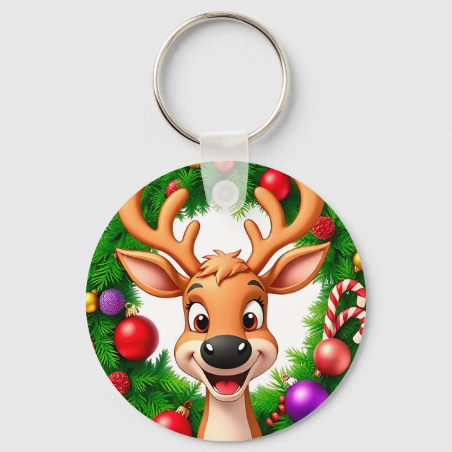 Festive Cartoon Reindeer Key Ring (Front)