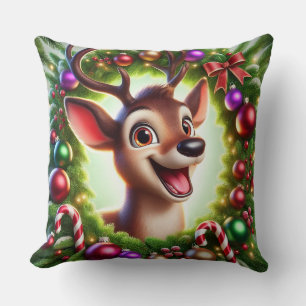 Festive Cartoon Reindeer with Christmas Decoration Cushion