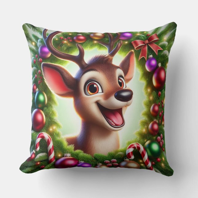 Festive Cartoon Reindeer with Christmas Decoration Cushion (Front)