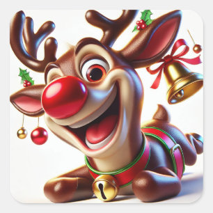 Festive Cartoon Reindeer with Christmas Decoration Square Sticker