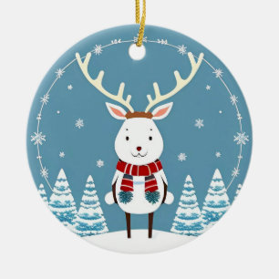 Festive Cartoon Reindeer with Scarf Ceramic Ornament