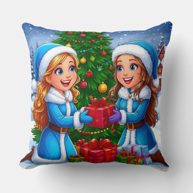 Festive Cartoon Scene of Two Friends Cushion (Front)