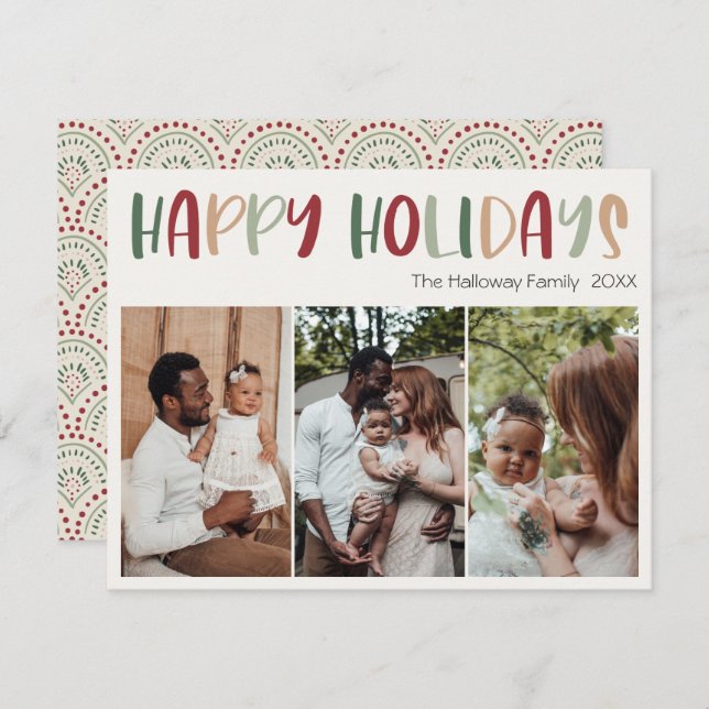 Festive Casual Colourful Happy Holidays Three Phot Holiday Card (Front/Back)