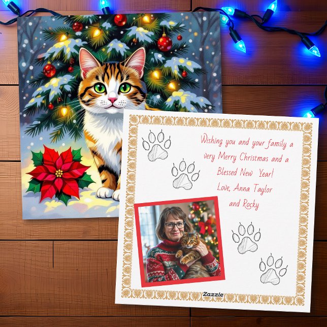 Festive Cat and Poinsettia Customized Christmas Holiday Card (Creator Uploaded)
