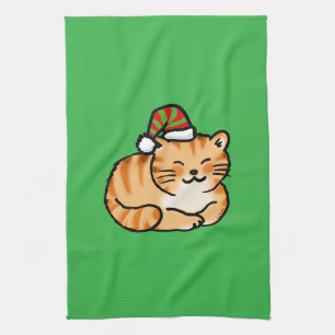 Festive Cat Christmas - Cute Cat in Santa Hat Tea Towel