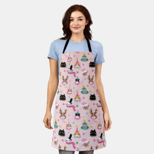 Festive Cat Faces in Holiday Hats Pattern Apron