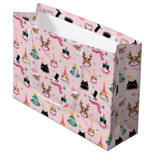 Festive Cat Faces in Holiday Hats Pattern Large Gift Bag