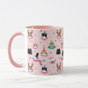 Festive Cat Faces in Holiday Hats Pattern Mug