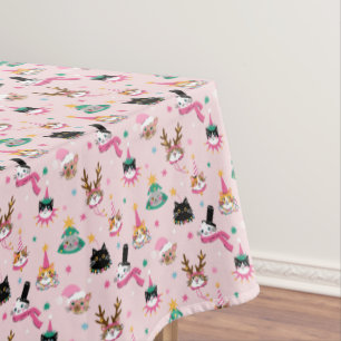 Festive Cat Faces in Holiday Hats Pattern Tablecloth