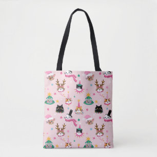 Festive Cat Faces in Holiday Hats Pattern Tote Bag
