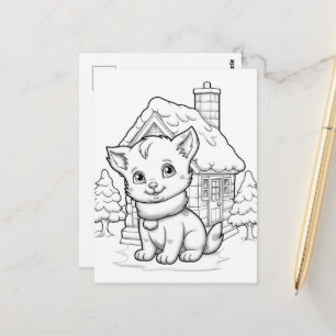 Festive cat kids colouring postcard