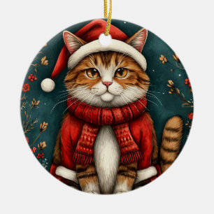 Festive Cat Wearing Santa Hat and Scarf Ceramic Ornament