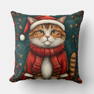 Festive Cat Wearing Santa Hat and Scarf Cushion