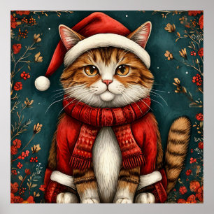 Festive Cat Wearing Santa Hat and Scarf Poster