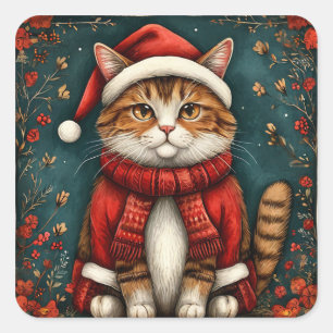 Festive Cat Wearing Santa Hat and Scarf Square Sticker