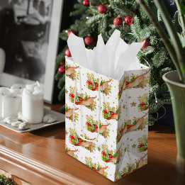 Festive Cats Christmas Holiday Gold Stars Medium Gift Bag