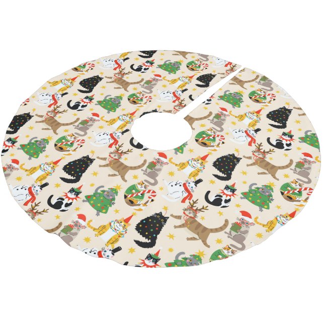 Festive Cats Christmas Pattern Brushed Polyester Tree Skirt (Angled)