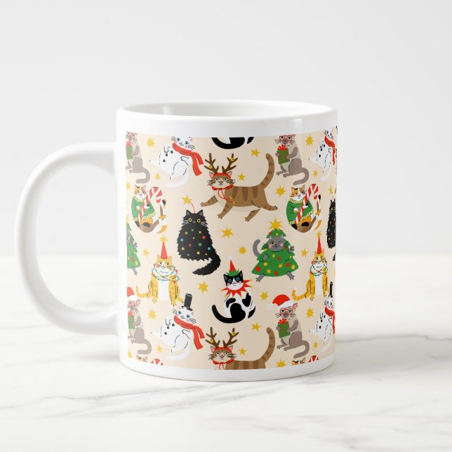 Festive Cats Christmas Pattern Large Coffee Mug (Left)