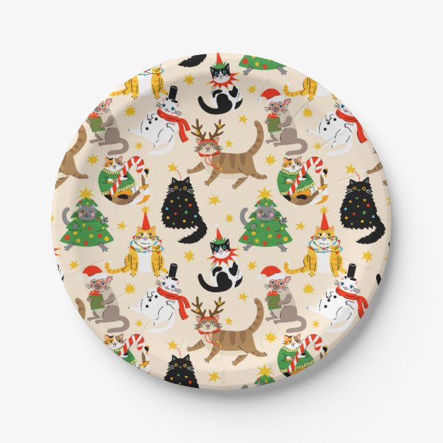 Festive Cats Christmas Pattern Paper Plate (Front)