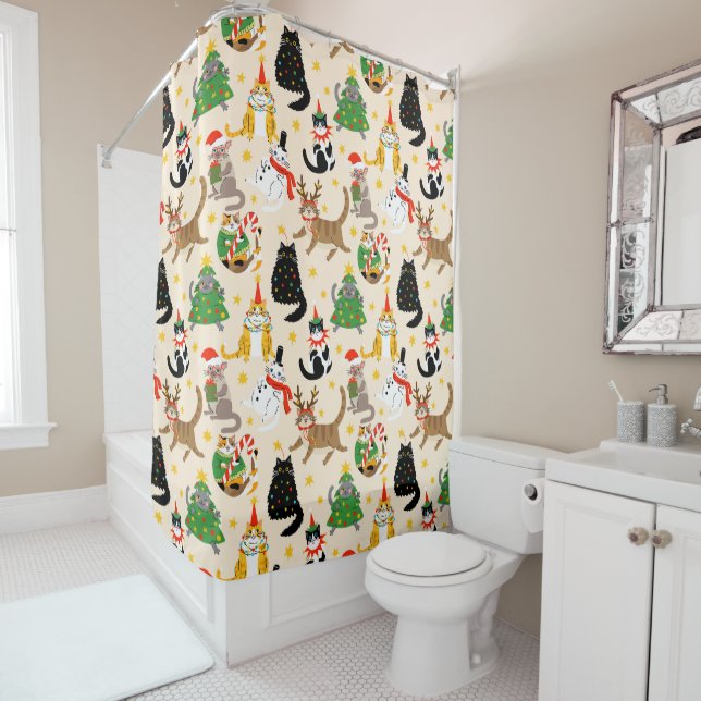 Festive Cats Christmas Pattern Shower Curtain (In Situ)