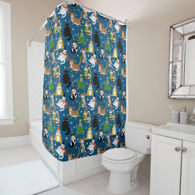 Festive Cats in Christmas Costumes Pattern Shower Curtain (In Situ)