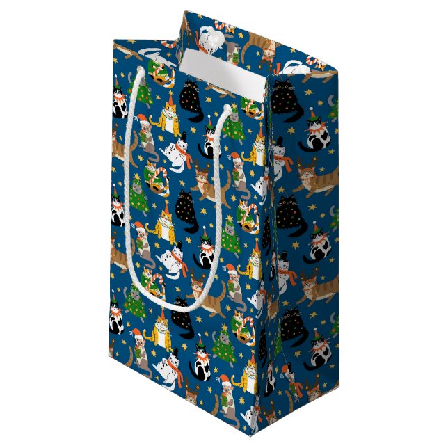 Festive Cats in Christmas Costumes Pattern Small Gift Bag (Front Angled)