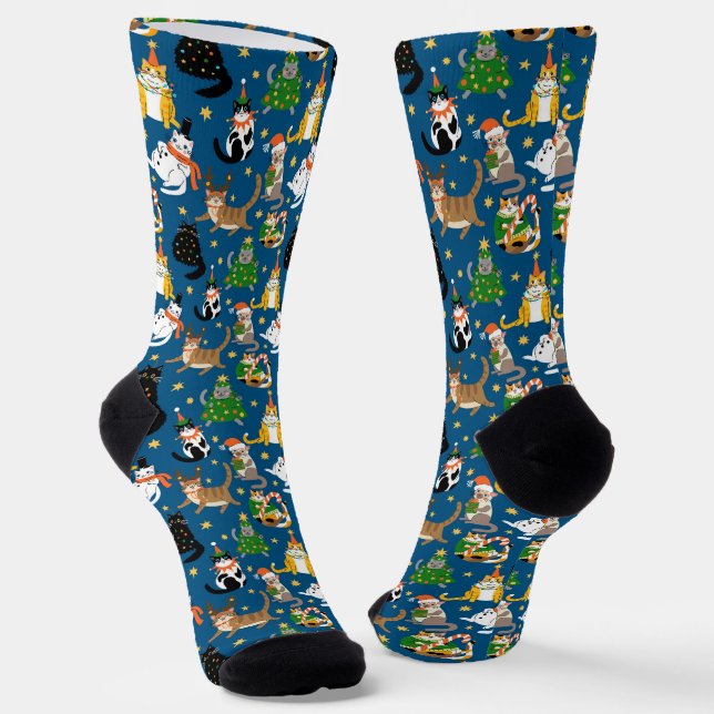 Festive Cats in Christmas Costumes Pattern Socks (Angled)