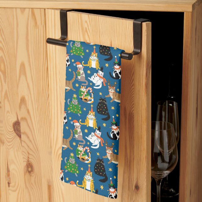 Festive Cats in Christmas Costumes Pattern Tea Towel (Thirds Fold)