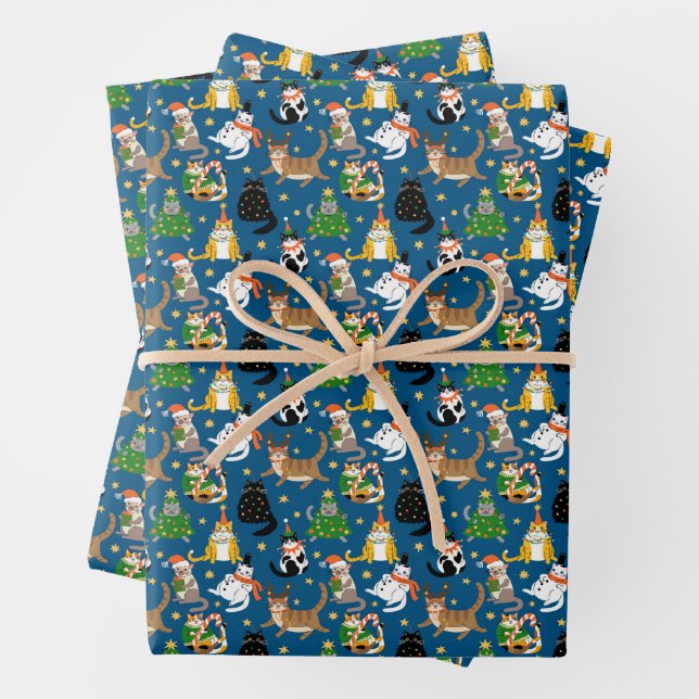 Festive Cats in Christmas Costumes Pattern Wrapping Paper Sheet (In situ)