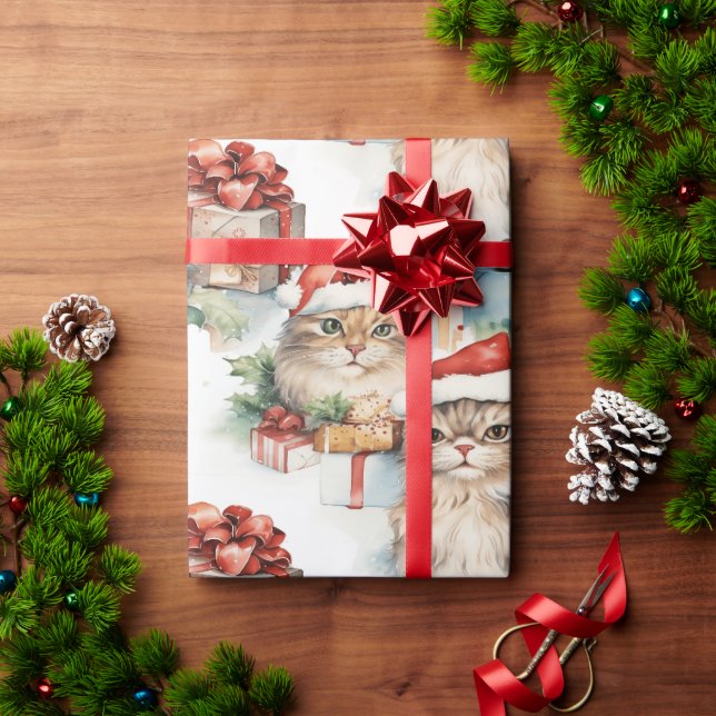 Festive cats in Santa hats and gifts Wrapping Paper (Holiday Gift)