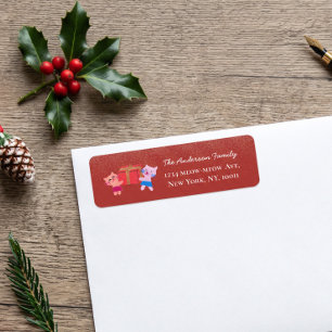 Festive Cats Snow Falling Red Xmas Return Address Label