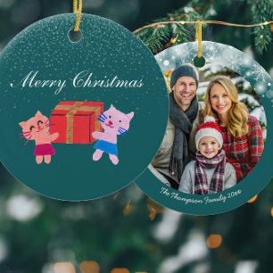 Festive cats w gift box dark green Christmas photo Ceramic Ornament