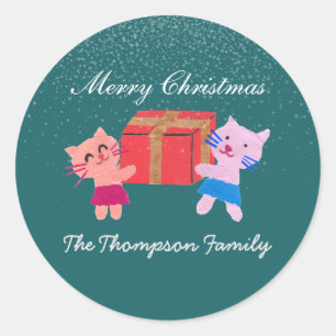 Festive cats with gift box dark green Christmas  Classic Round Sticker