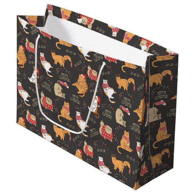 Festive Cats with Lights Christmas Pattern Large Gift Bag (Front Angled)