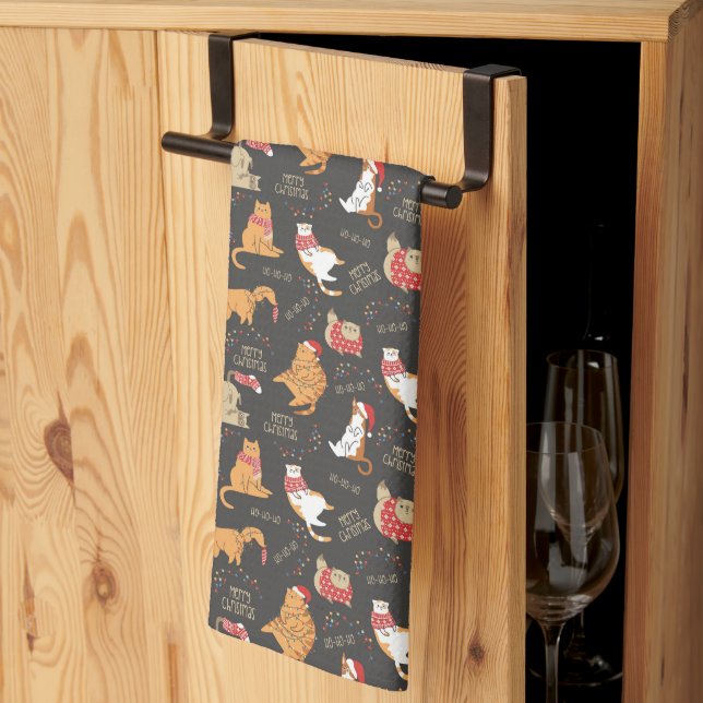 Festive Cats with Lights Christmas Pattern Tea Towel (Thirds Fold)