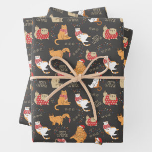 Festive Cats with Lights Christmas Pattern Wrapping Paper Sheet