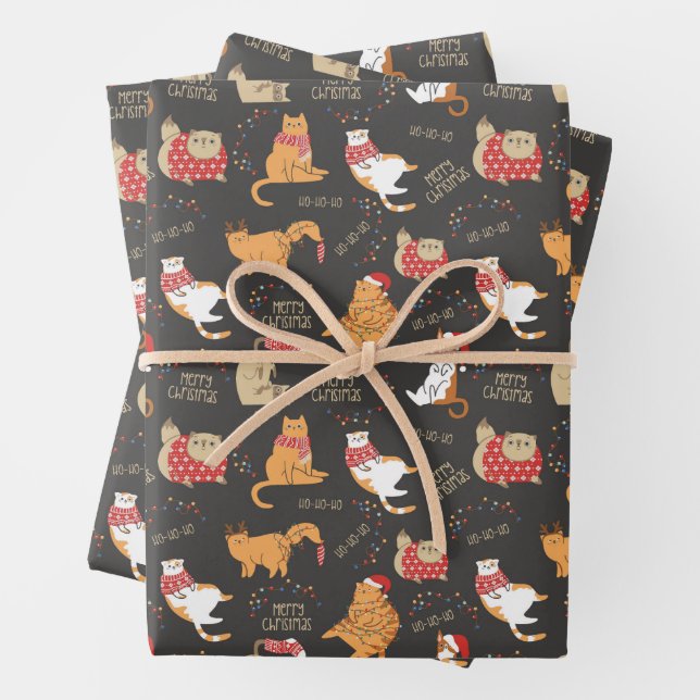 Festive Cats with Lights Christmas Pattern Wrapping Paper Sheet (In situ)