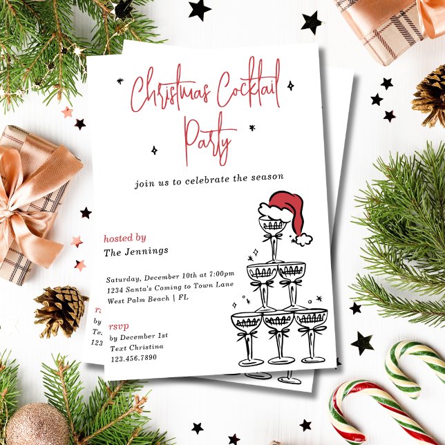 Festive Champagne Tower Christmas Cocktail Party Invitation (Creator Uploaded)