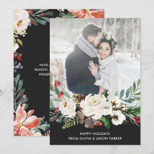 Festive Charcoal Floral   Christmas Photo Card