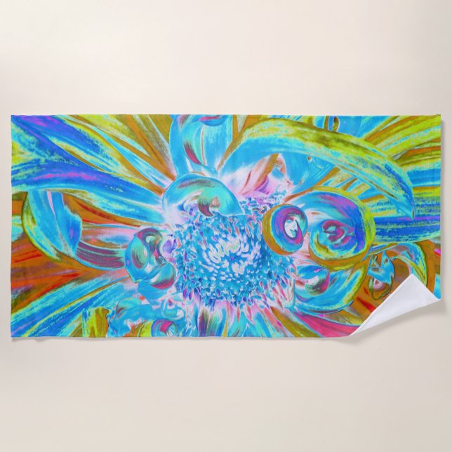 Festive Chartreuse and Blue Dahlia Flower Petals Beach Towel (Front)