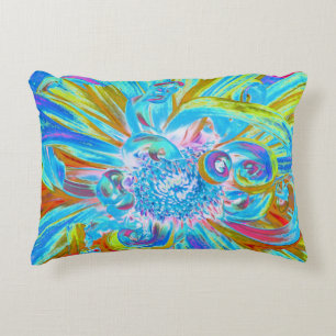 Festive Chartreuse and Blue Dahlia Flower Petals Decorative Cushion