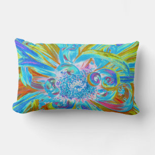 Festive Chartreuse and Blue Dahlia Flower Petals Lumbar Cushion