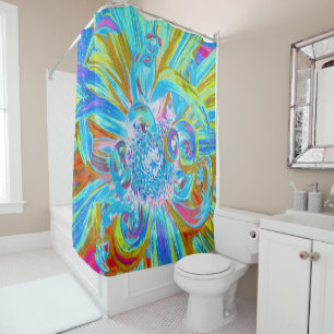 Festive Chartreuse and Blue Dahlia Flower Petals Shower Curtain
