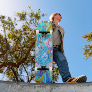 Festive Chartreuse and Blue Dahlia Flower Petals Skateboard