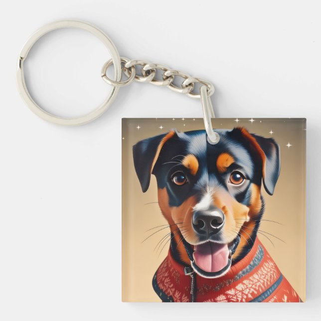 Festive Cheer: Cozy Rottweiler Mix in Red Sweater Key Ring (Front)