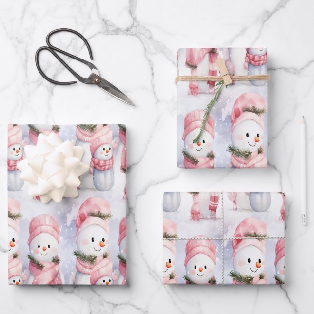 Festive cheer with smiling snowmen and snowflakes wrapping paper sheet (Front)